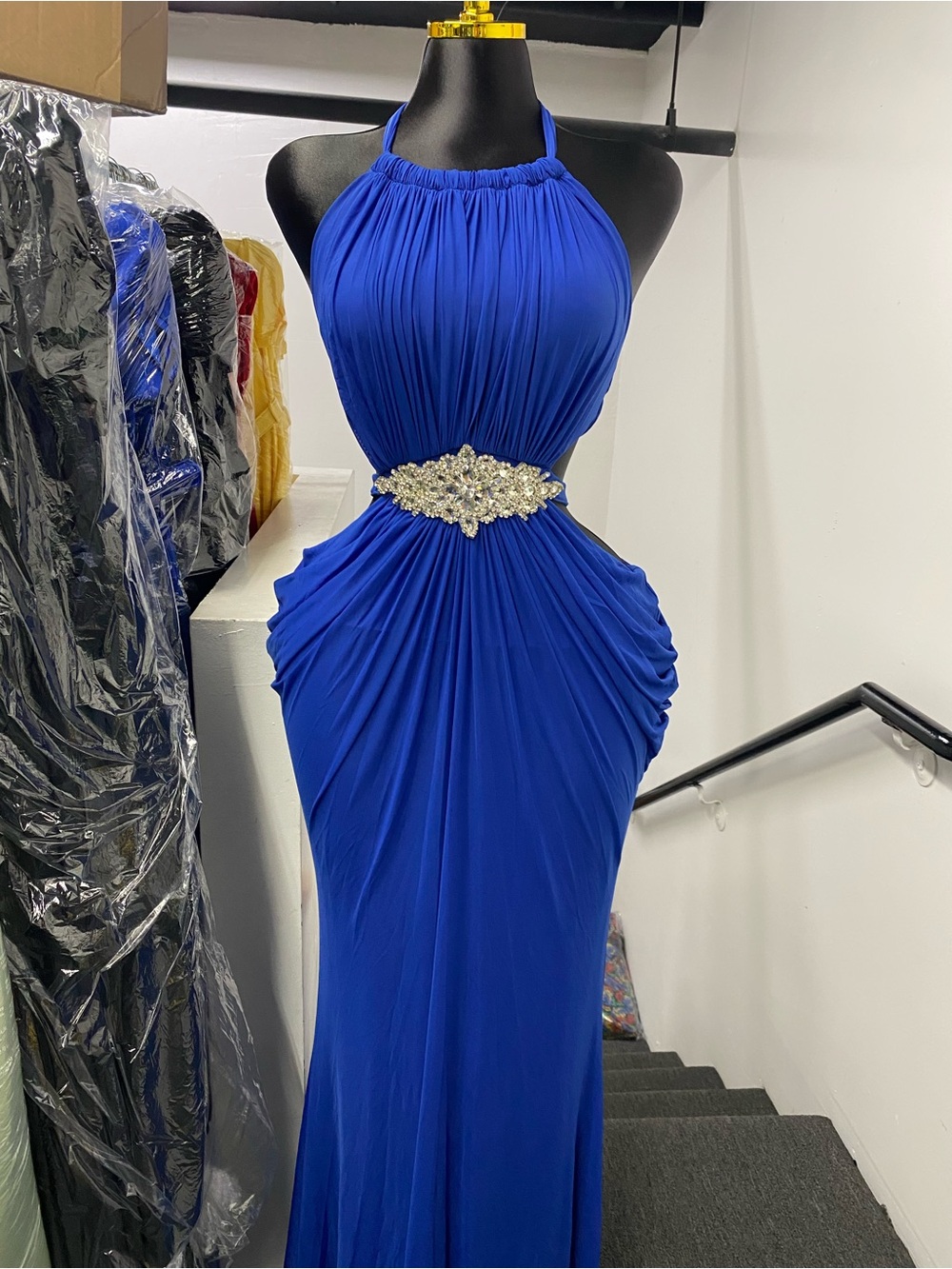 Royal Blue Halter Evening Gown with Embellished Waist